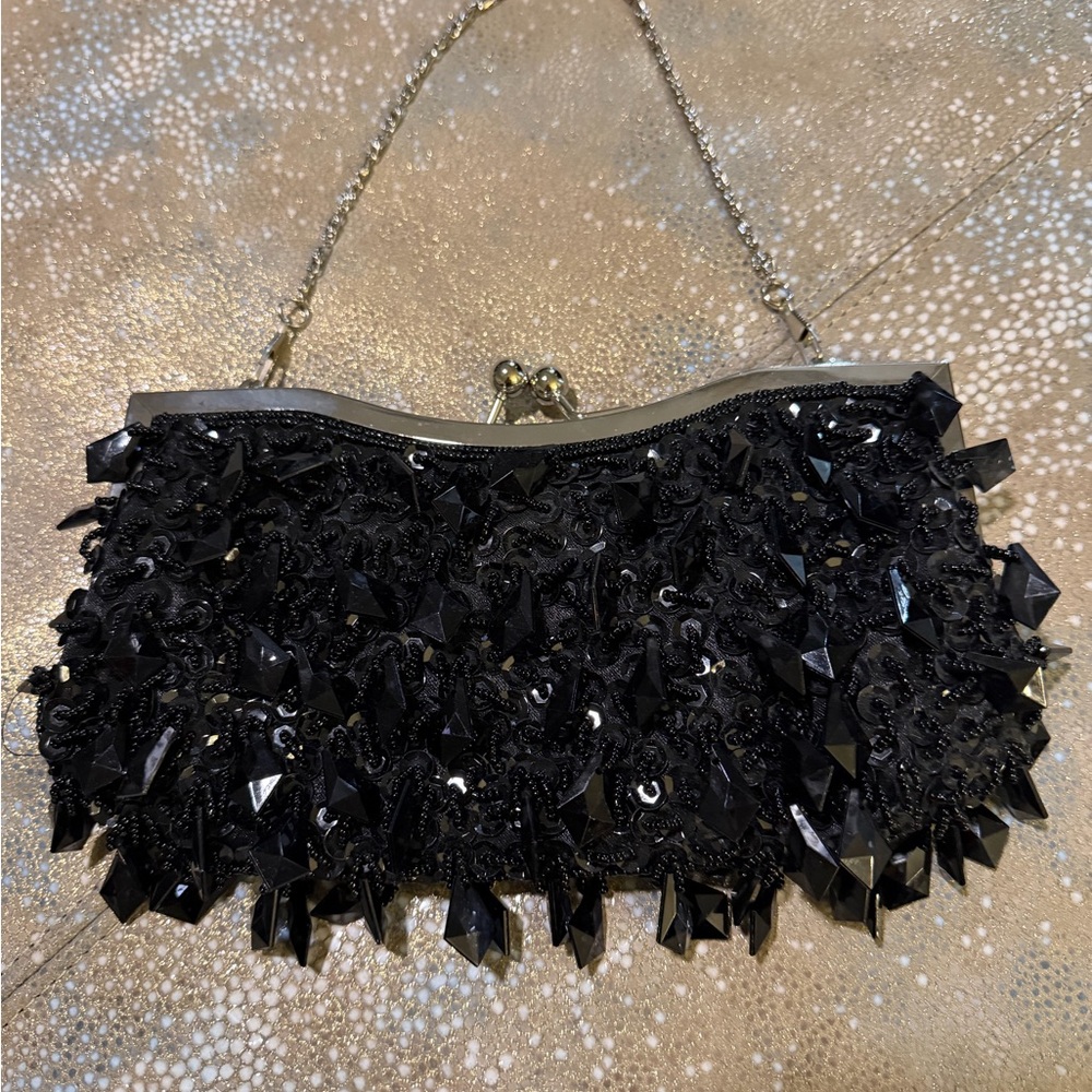 Black Beaded Evening Clutch - Unbranded